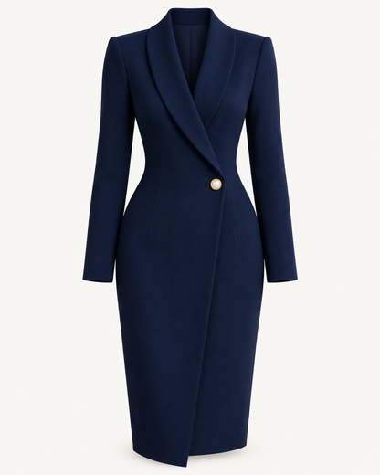 Single-Button Blazer Midi Dress — Navy Blue — studio product view