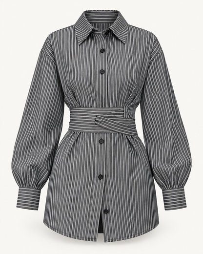 Striped Tie-Waist Shirt — Black — studio product view
