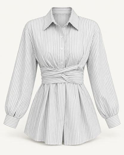 Striped Tie-Waist Shirt — White — studio product view