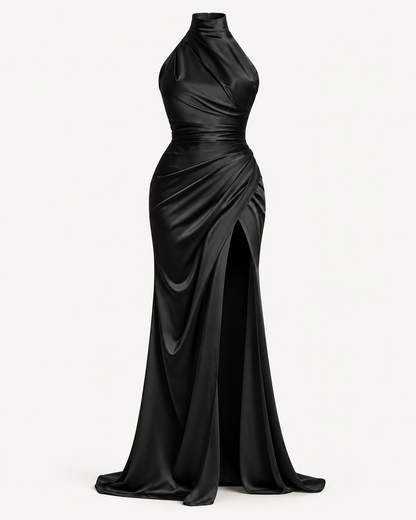 Draped Halter Maxi Dress — Black — studio product view
