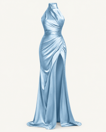 Draped Halter Maxi Dress — Blue — studio product view