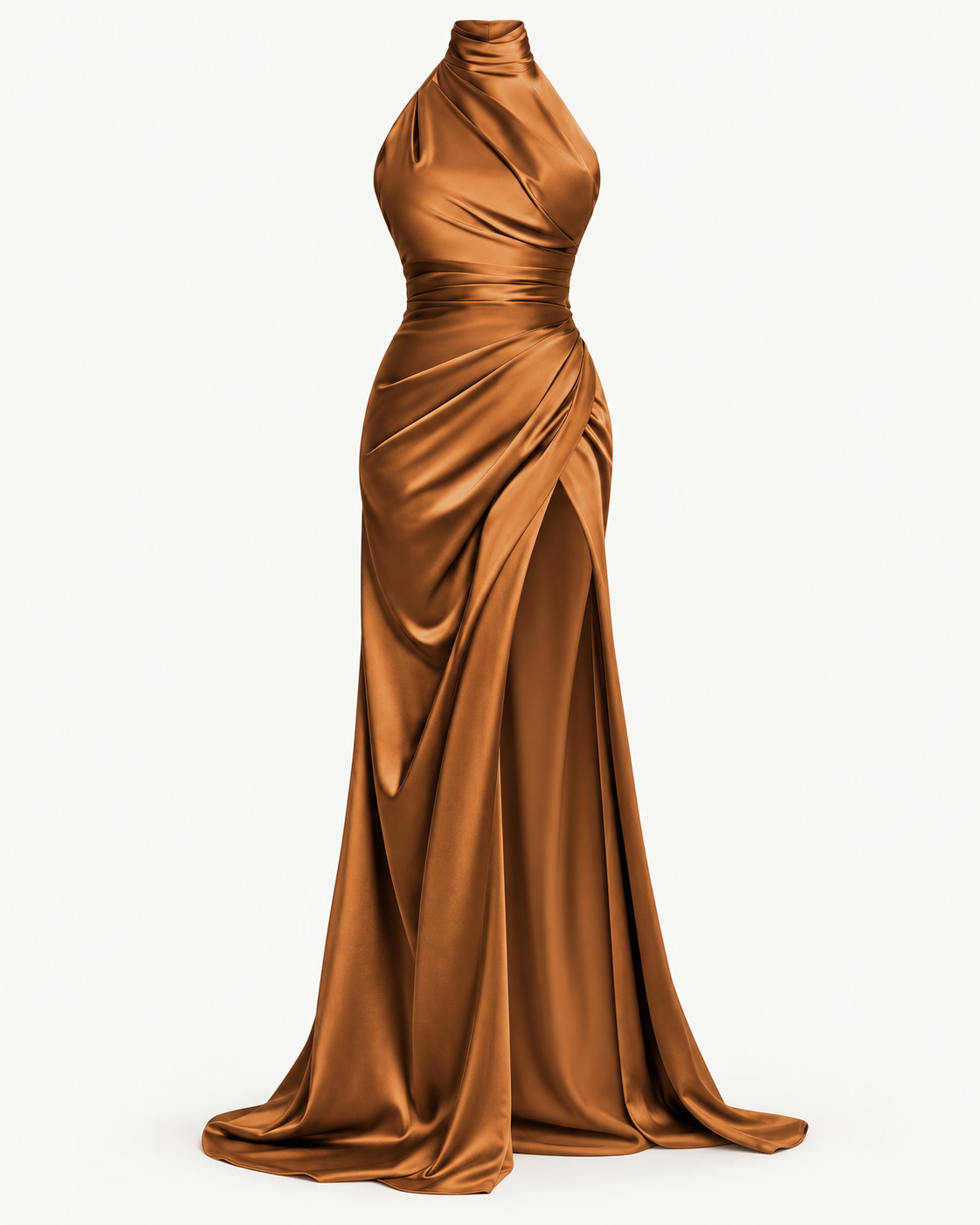 Draped Halter Maxi Dress — Brown — studio product view