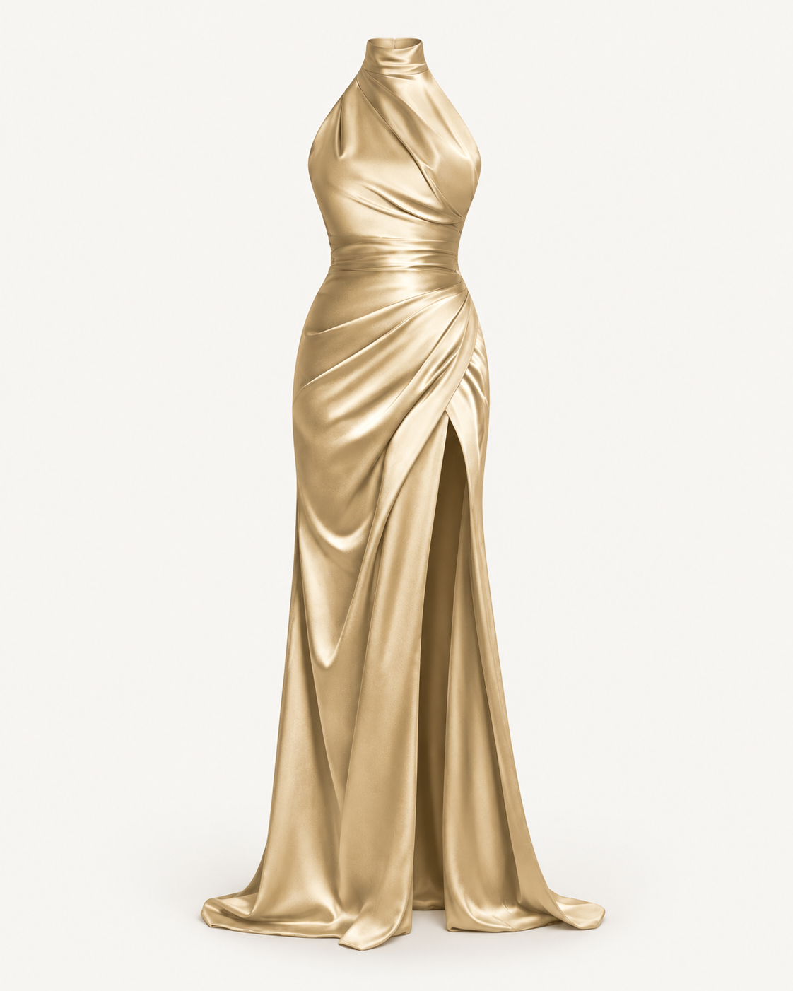 Draped Halter Maxi Dress — Champagne — studio product view