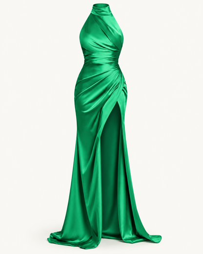 Draped Halter Maxi Dress — Green — studio product view