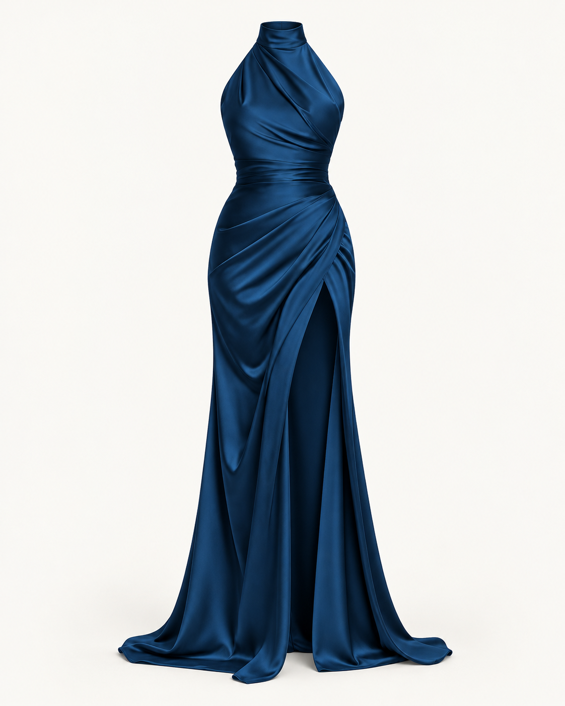 Draped Halter Maxi Dress — Navy Blue — studio product view