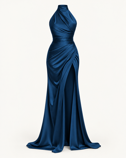 Draped Halter Maxi Dress — Navy Blue — studio product view
