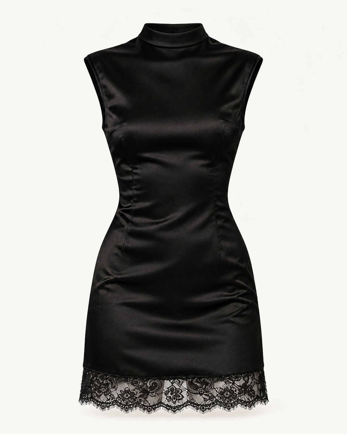 Satin Lace-Hem Mini Dress — Black — studio product view
