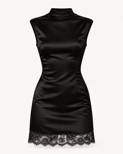 Satin Lace-Hem Mini Dress — Black — studio product view