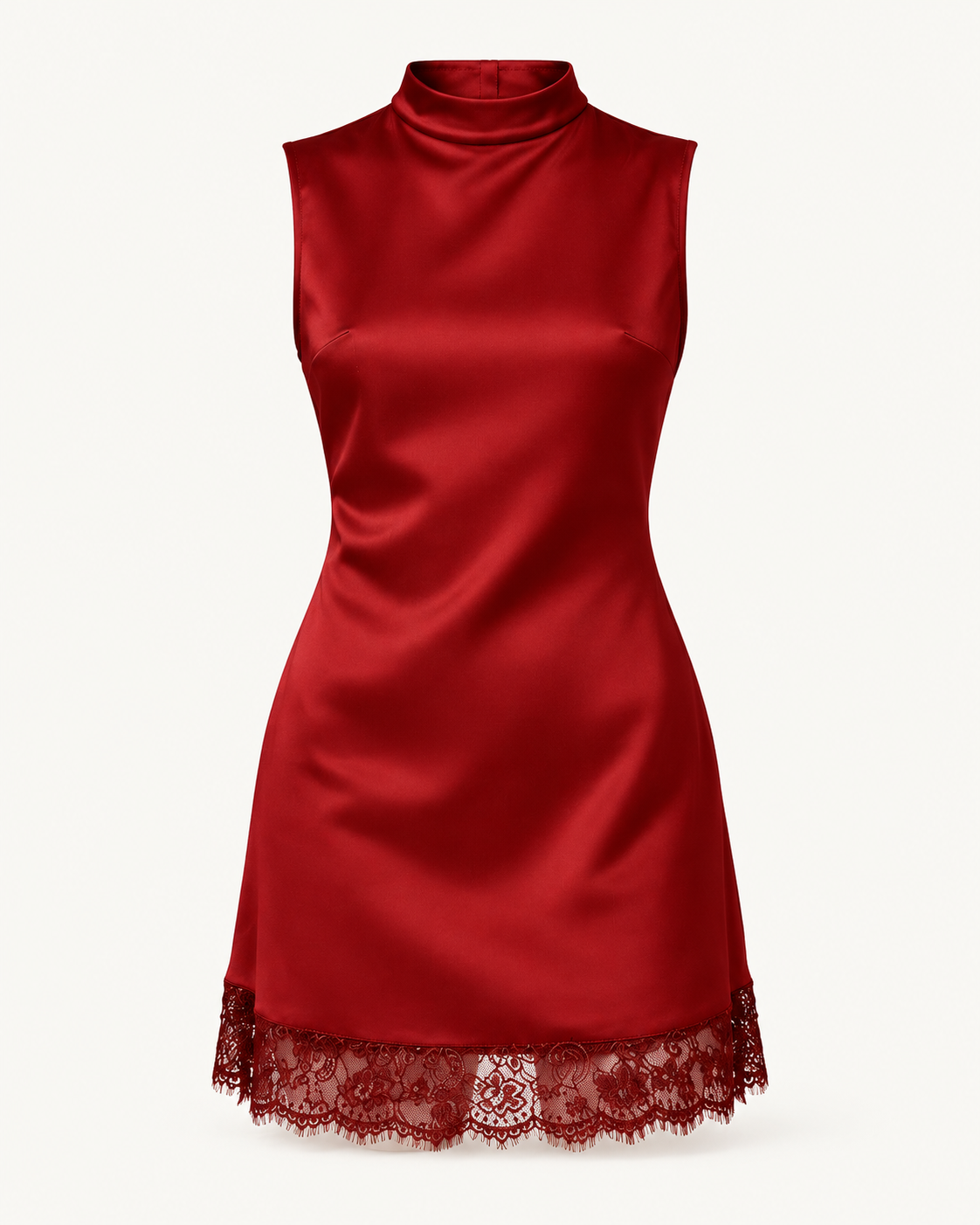 Satin Lace-Hem Mini Dress — Wine Red — studio product view
