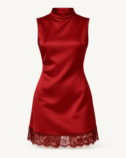 Satin Lace-Hem Mini Dress — Wine Red — studio product view