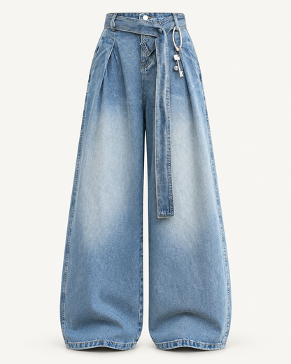 Asymmetric Tie-Waist Wide-Leg Jeans — Light Blue — studio product view