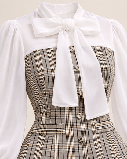 Plaid Bow Blouse & Trouser Set – detail