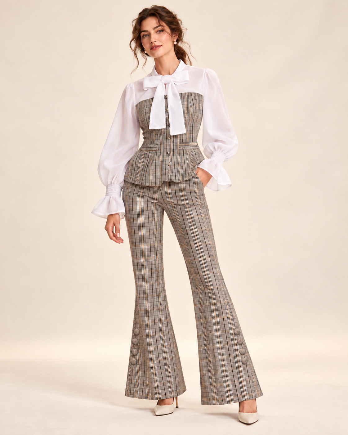 Plaid Bow Blouse & Trouser Set – model