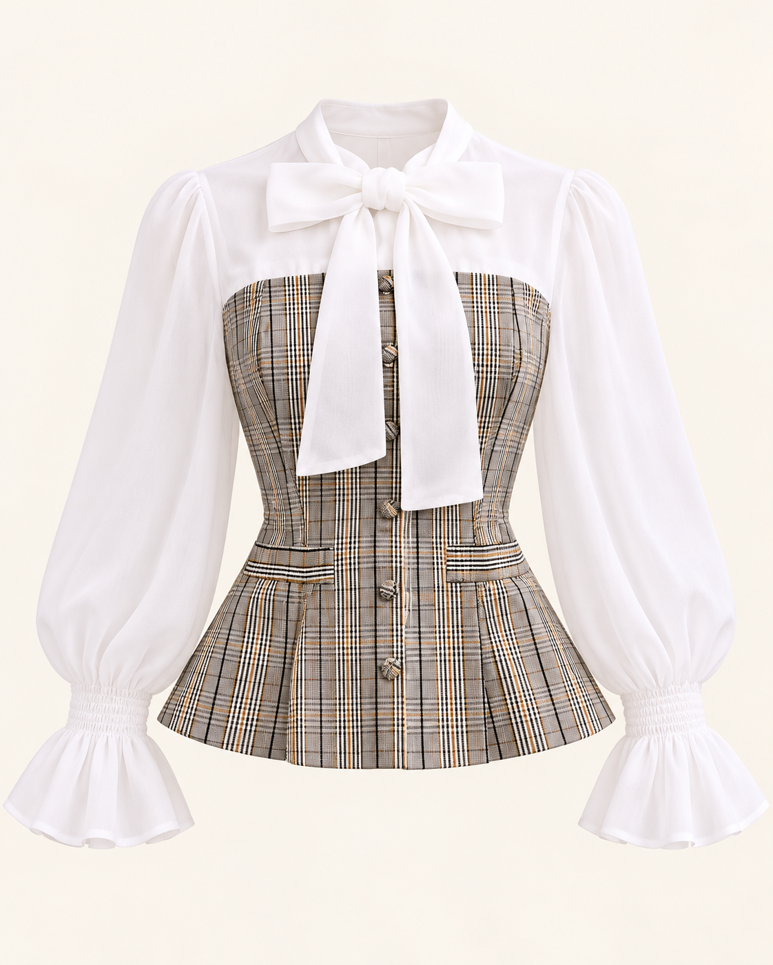 Plaid Bow Blouse & Trouser Set – top only