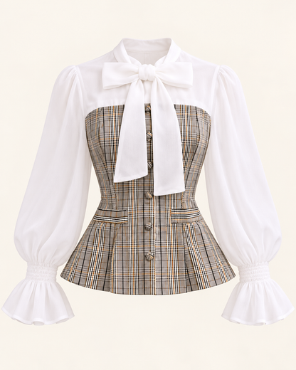 Plaid Bow Blouse & Trouser Set – top only