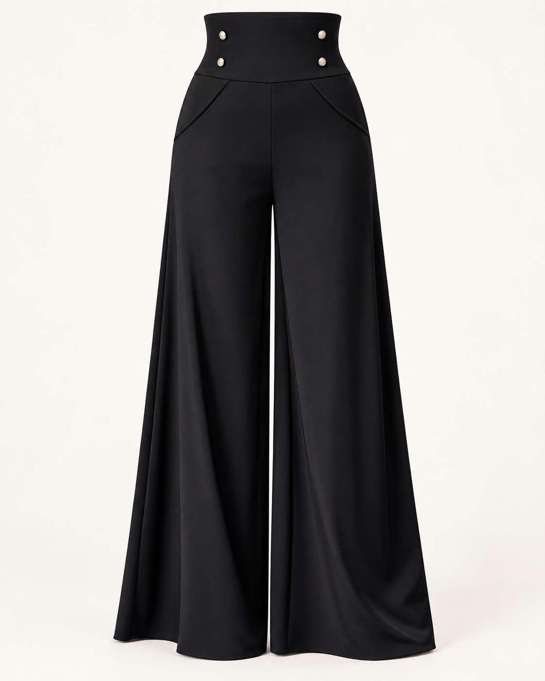 Gold-Button High-Waist Palazzo Trousers – black front
