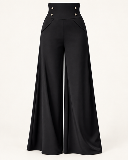Gold-Button High-Waist Palazzo Trousers – black front
