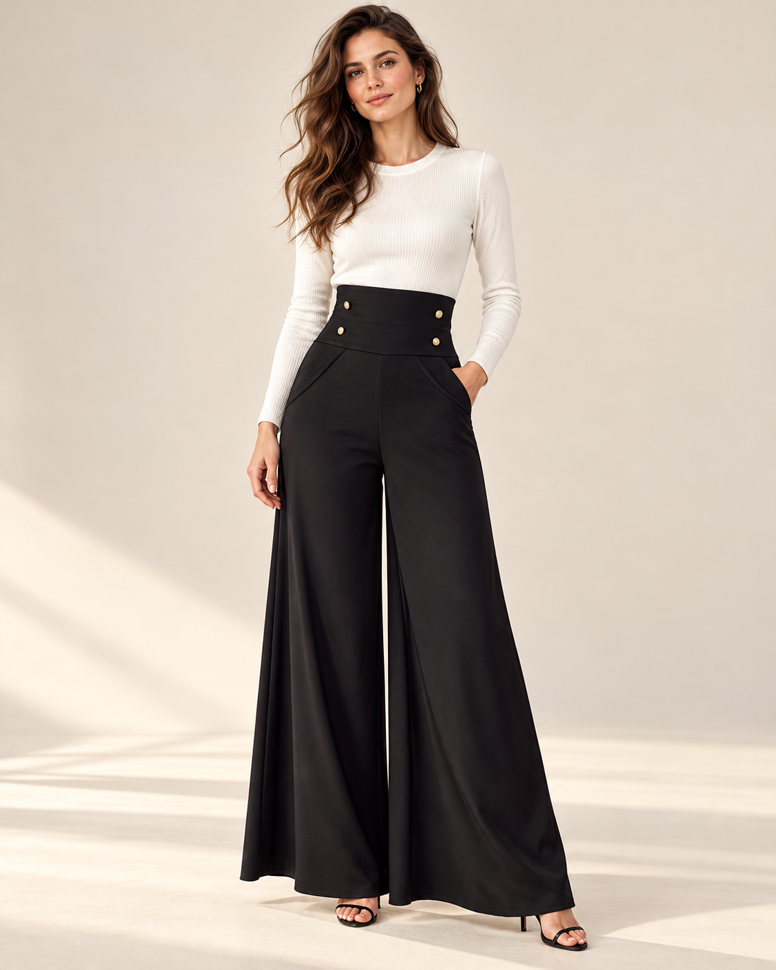Gold-Button High-Waist Palazzo Trousers – model