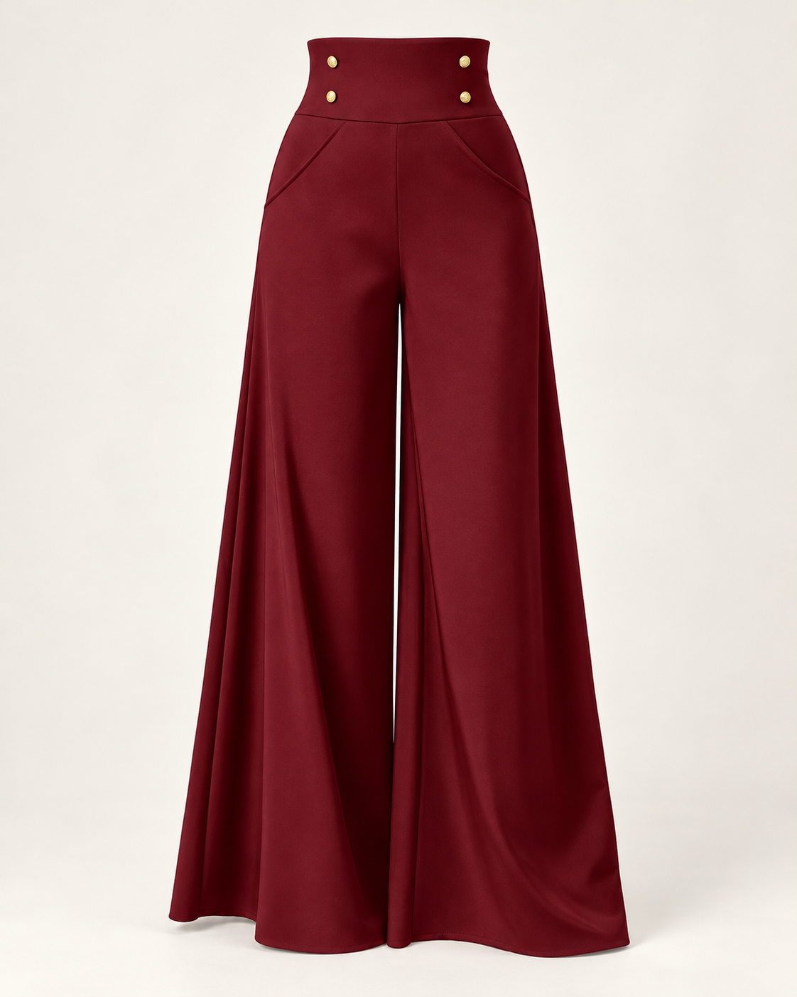 Gold-Button High-Waist Palazzo Trousers – red front