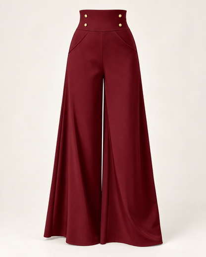 Gold-Button High-Waist Palazzo Trousers – red front
