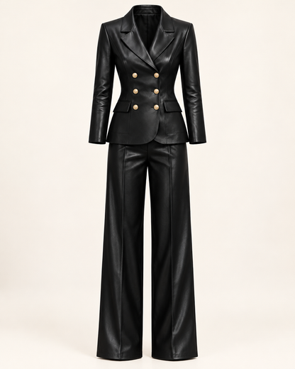 Black Faux Leather Blazer & Trouser Set – set front