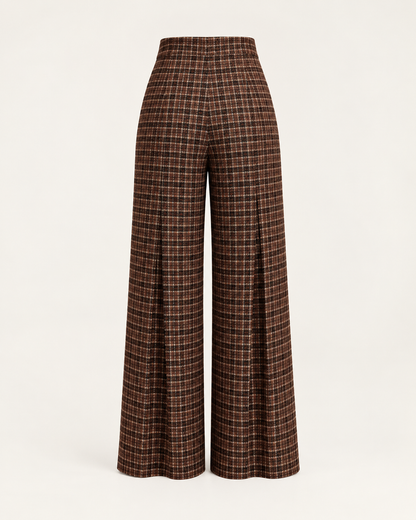 Gold-Button Plaid Wide-Leg Trousers – back