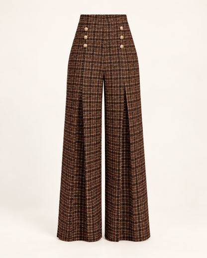 Gold-Button Plaid Wide-Leg Trousers – front