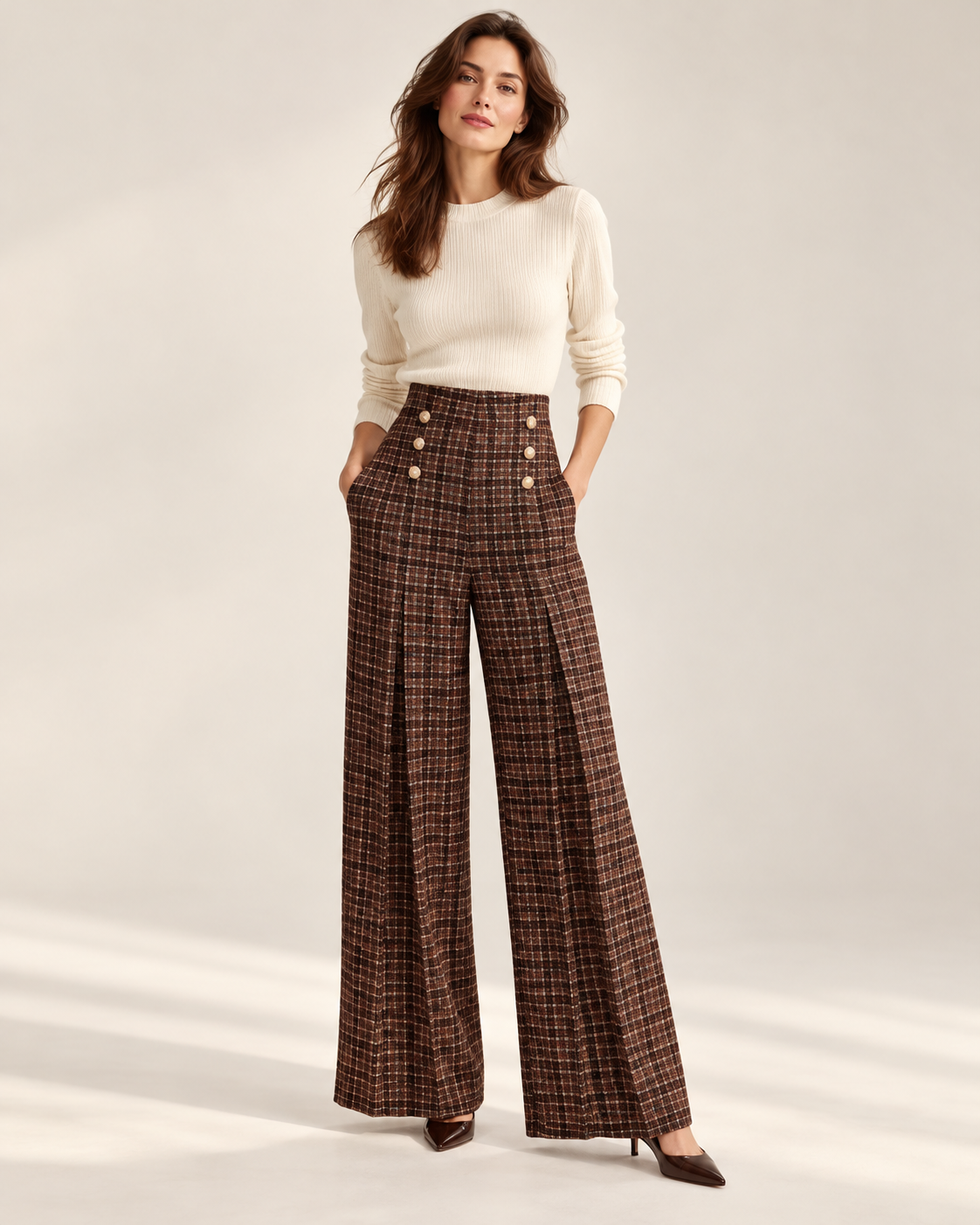 Gold-Button Plaid Wide-Leg Trousers – model
