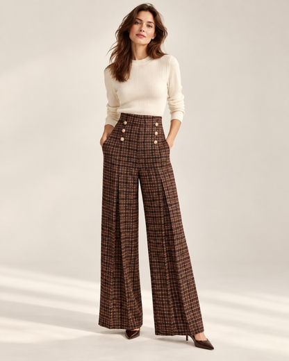 Gold-Button Plaid Wide-Leg Trousers – model
