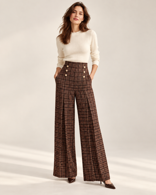 Gold-Button Plaid Wide-Leg Trousers – model