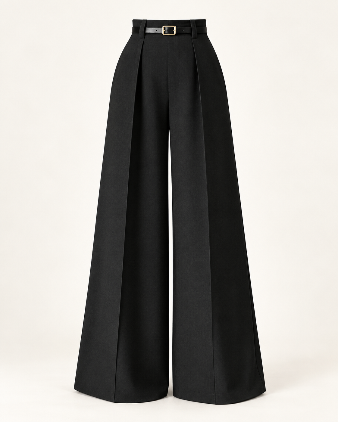 Belted Pleated Wide-Leg Trousers – black front