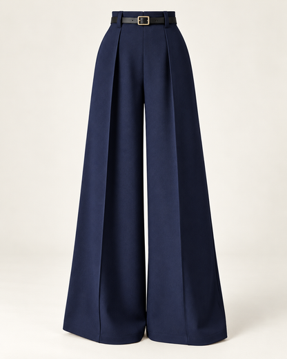 Belted Pleated Wide-Leg Trousers – blue front