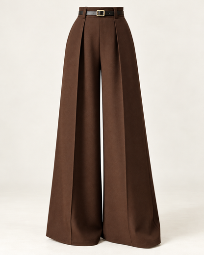 Belted Pleated Wide-Leg Trousers – brown front