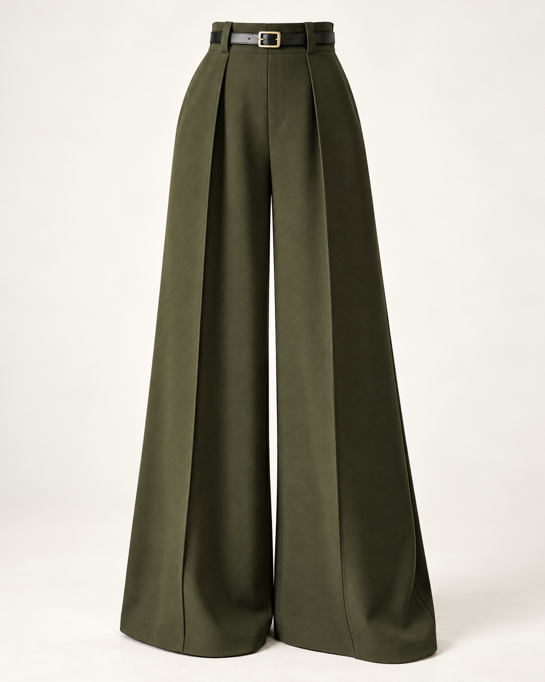Belted Pleated Wide-Leg Trousers – green front