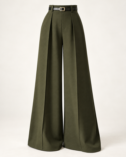 Belted Pleated Wide-Leg Trousers – green front