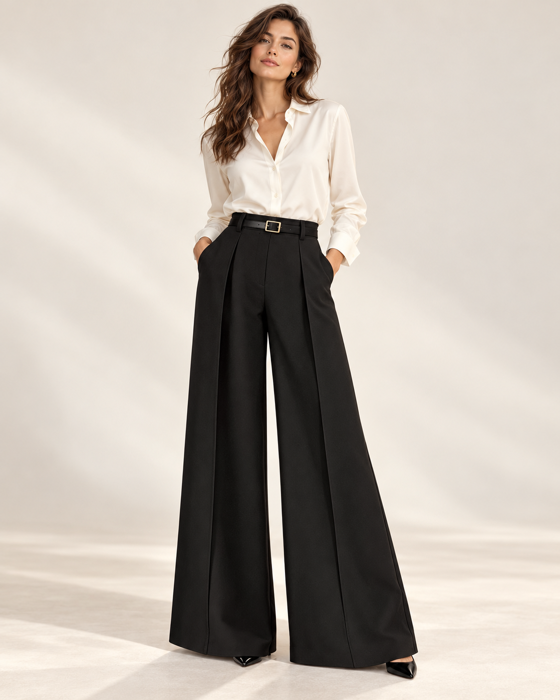Belted Pleated Wide-Leg Trousers – model