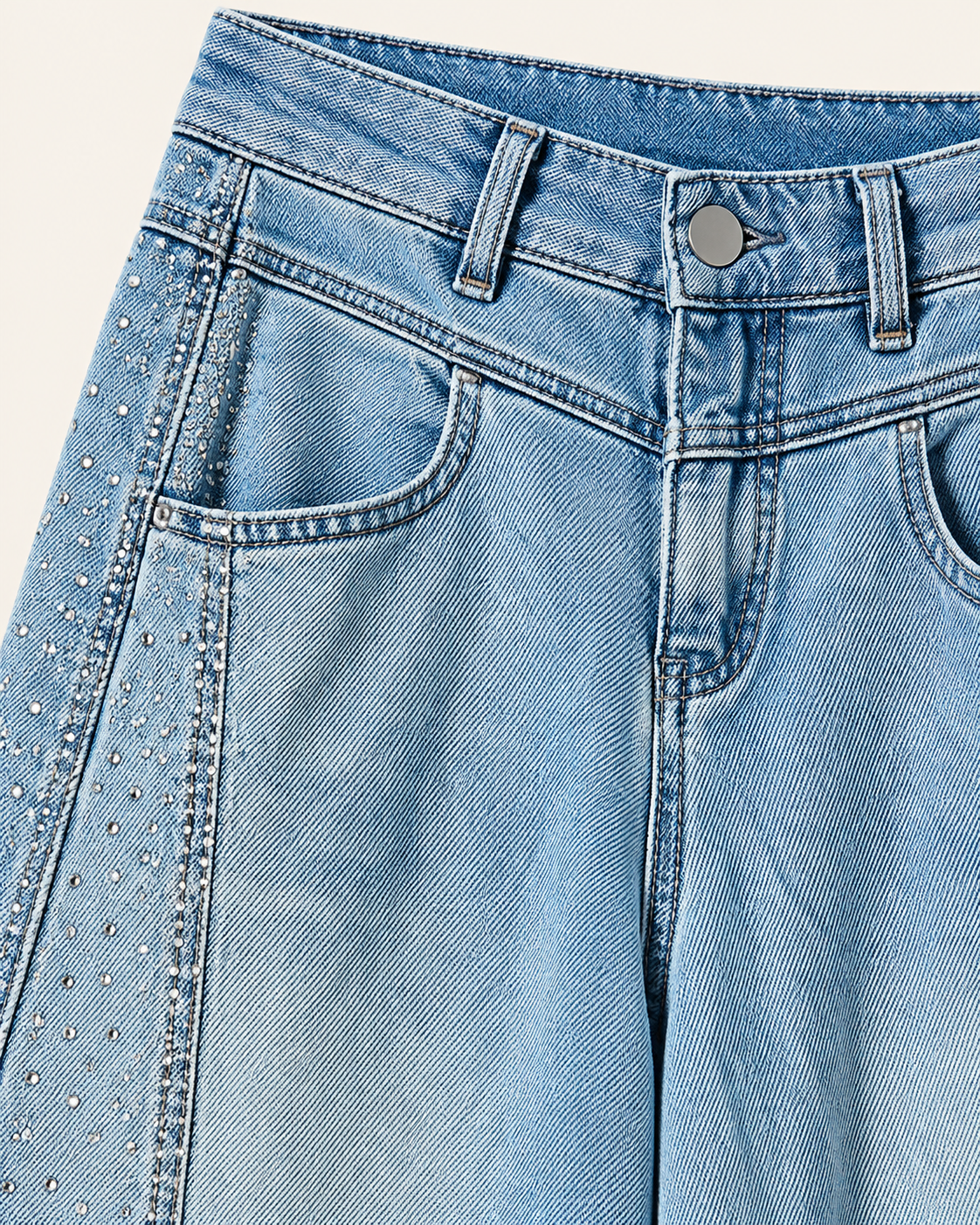 Rhinestone Wide-Leg Jeans — fabric and construction detail