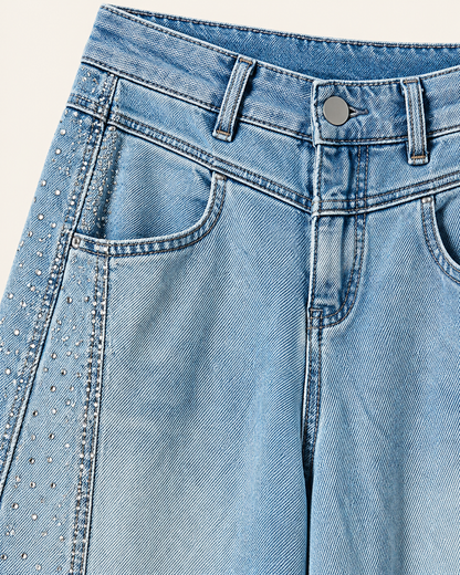 Rhinestone Wide-Leg Jeans — fabric and construction detail