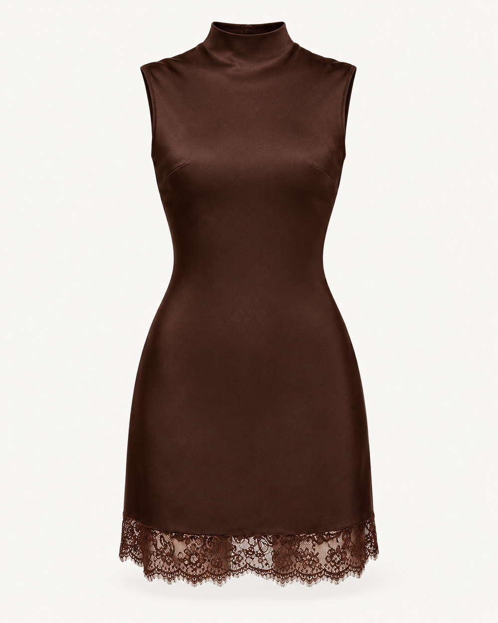 Vestido curto acetinado com bainha de renda