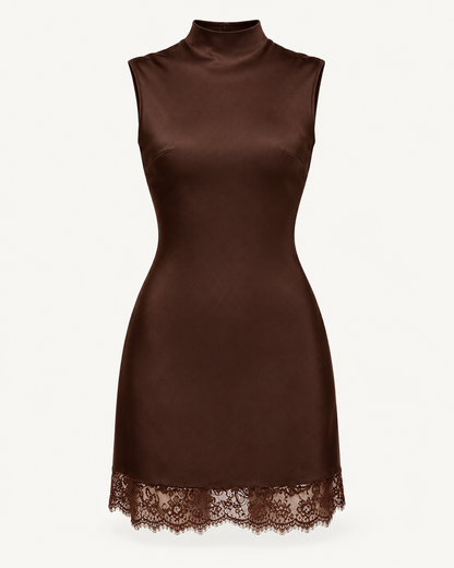 Satin Lace-Hem Mini Dress — studio front view