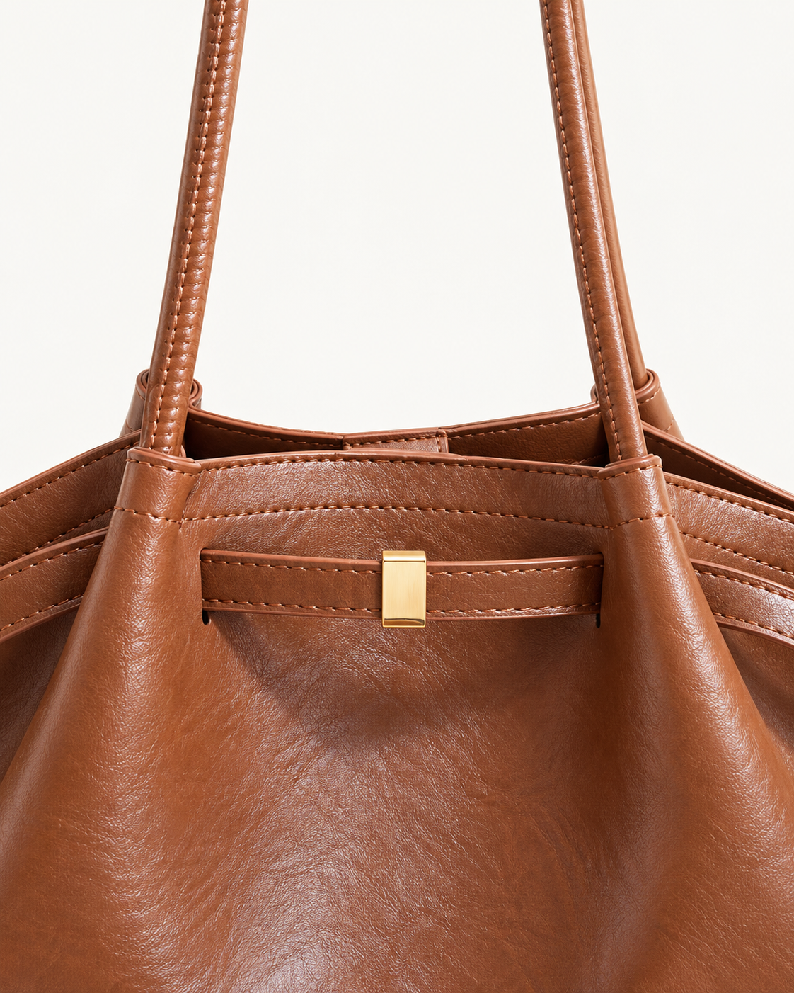 Soft Winged Shoulder Tote — Light Brown — handle stitching and gold-tone detail