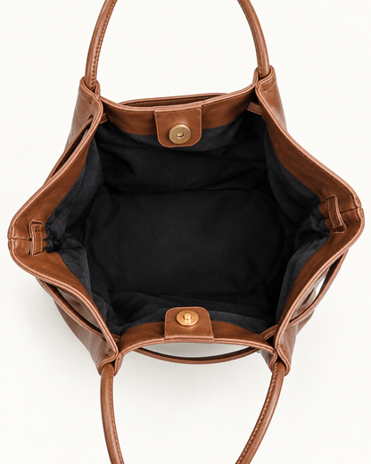 Soft Winged Shoulder Tote — Light Brown — black lined interior and magnetic snap