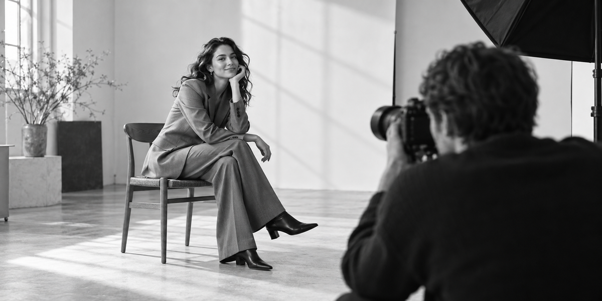 Cena editorial ilustrativa a preto e branco: modelo e fotógrafo numa sessão de moda.