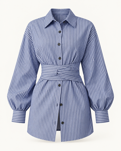 Striped Tie-Waist Shirt — studio front view