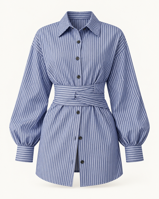 Striped Tie-Waist Shirt — studio front view