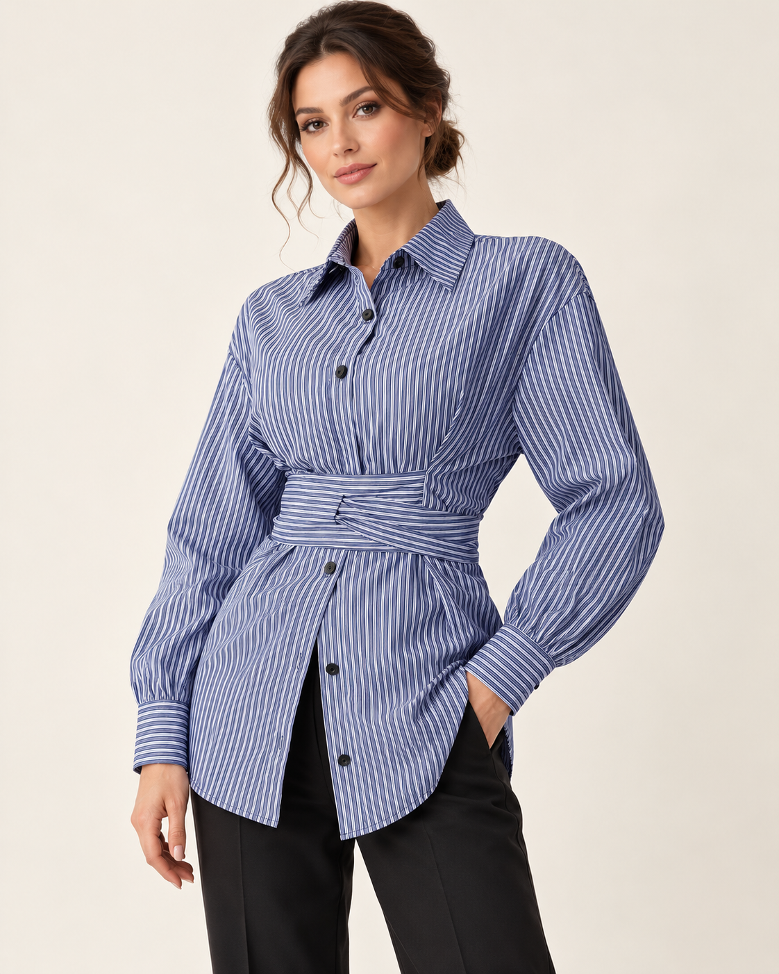 Striped Tie-Waist Shirt — model styling