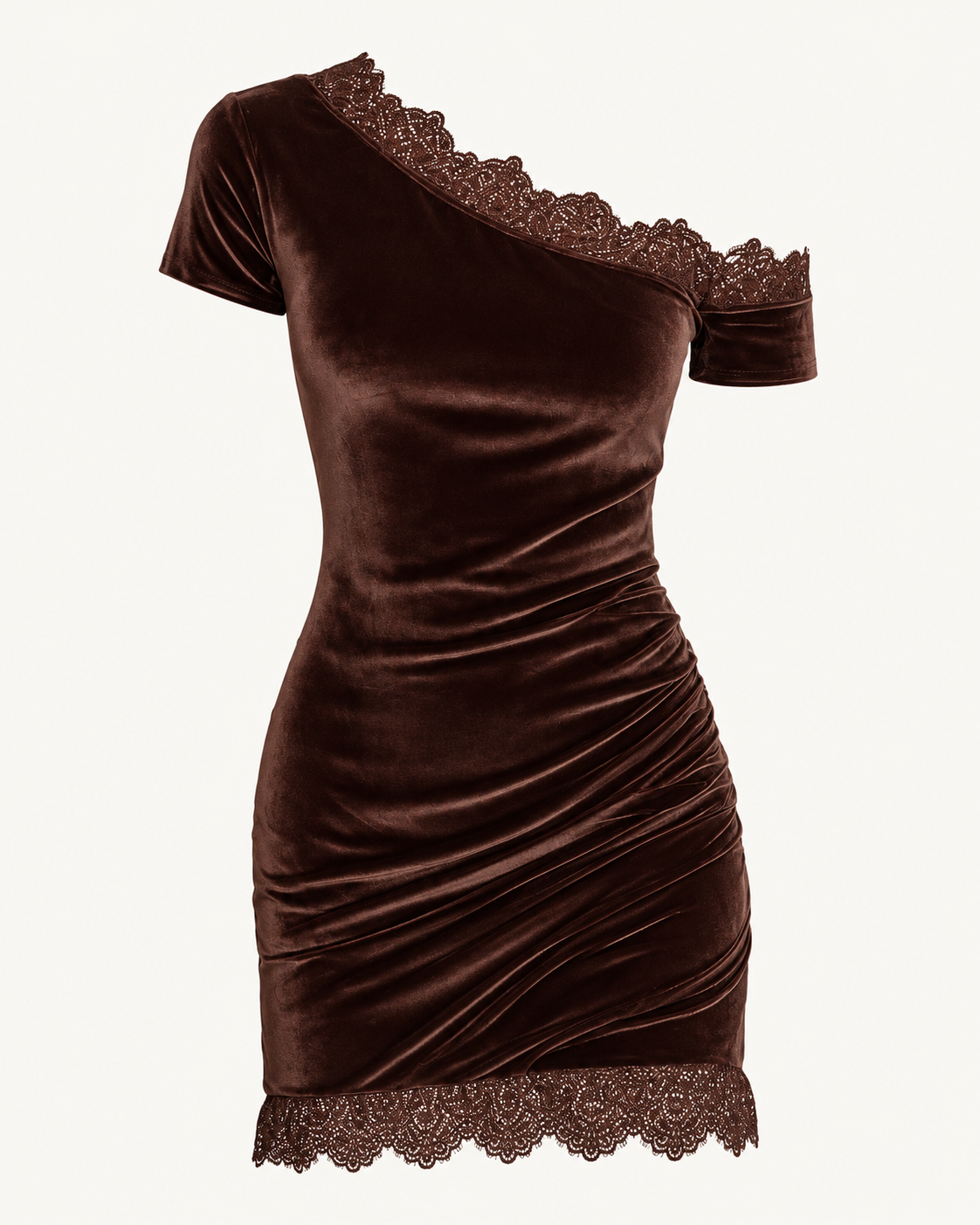 Velvet Lace-Trim Mini Dress — studio front view
