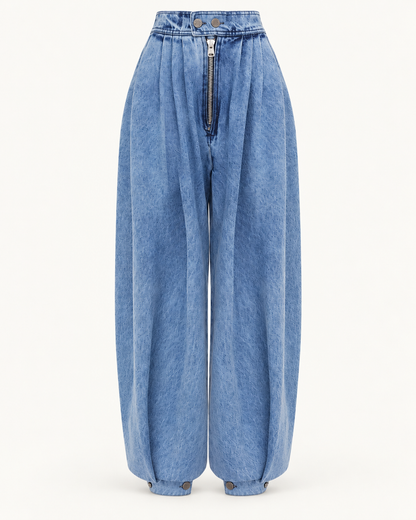 Zip-Detail Balloon Jeans — product view showing exposed zip and button details