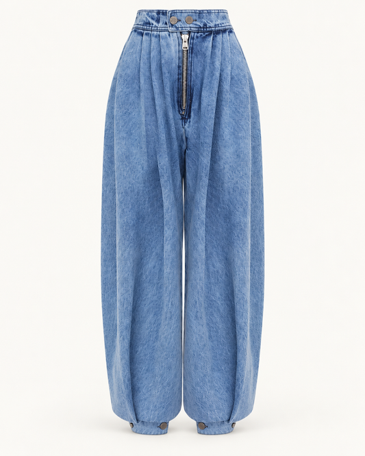 Zip-Detail Balloon Jeans — product view showing exposed zip and button details