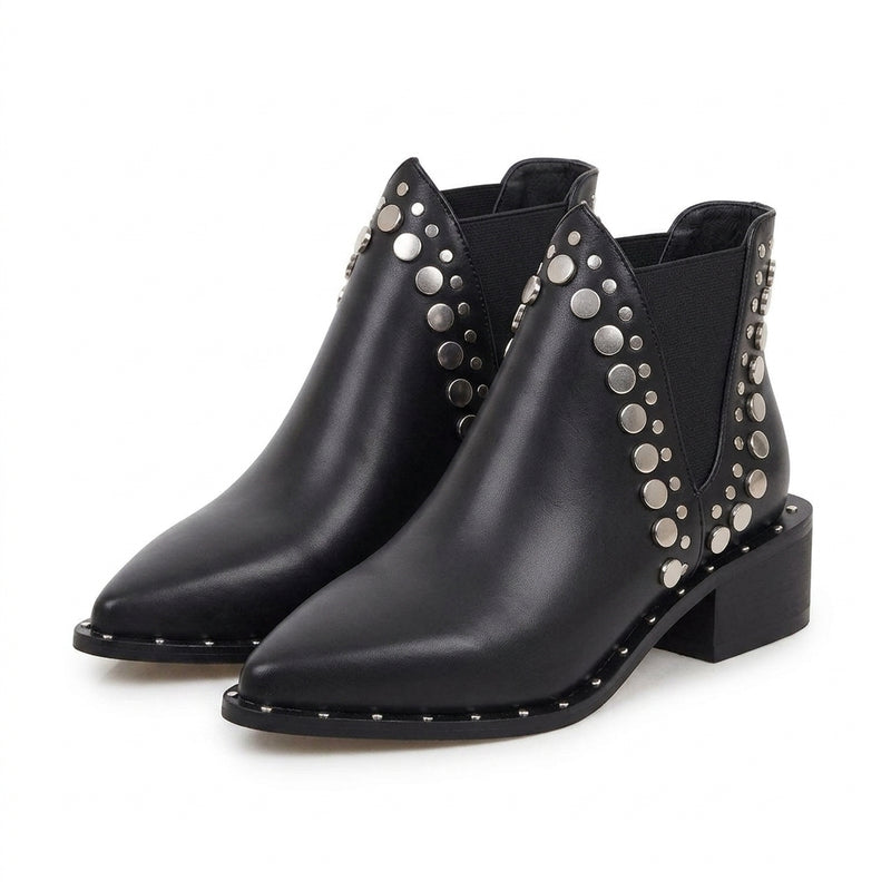 Botins Pretos de Cano Curto com Biqueira Fina para Mulher - Botins Chelsea Punk com Tachas
